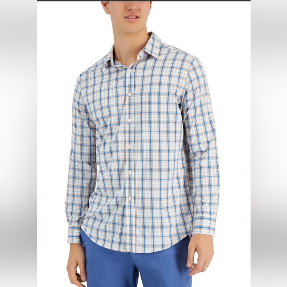 Men's Long Sleeve Plaid Button-Up Shirt - Blue & Cream